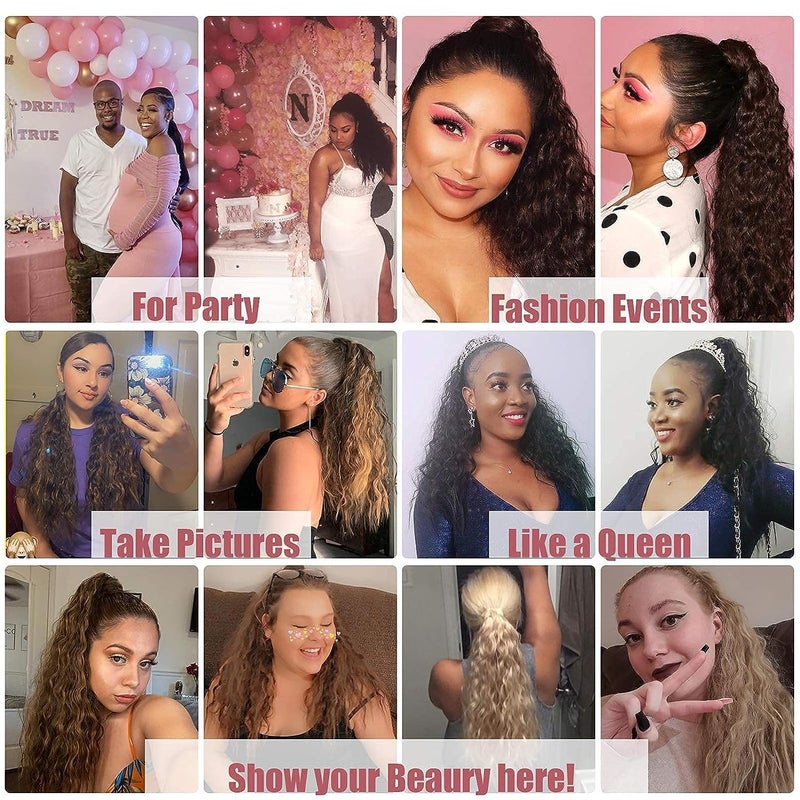 Stamped Glorious Long Corn Wave Ponytail Extension Magic Paste Heat Resistant Wavy Synthetic Wrap Around Ponytail Black Hairpiece for Women (22 Inch, 22 Inch-Highlight) - Image 2